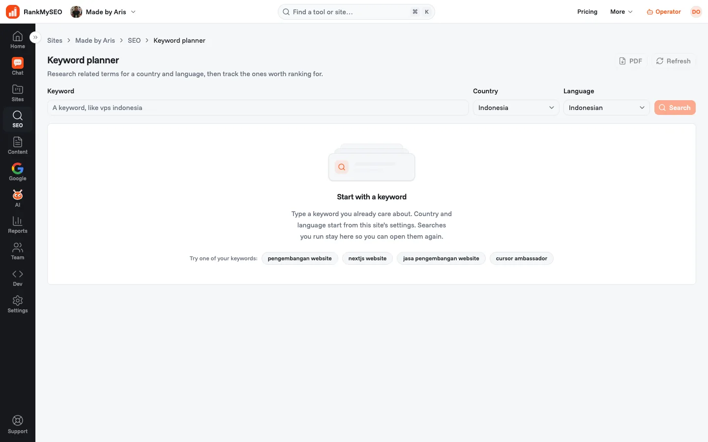 Tracked keyword table for madebyaris.com with the Planner control available.